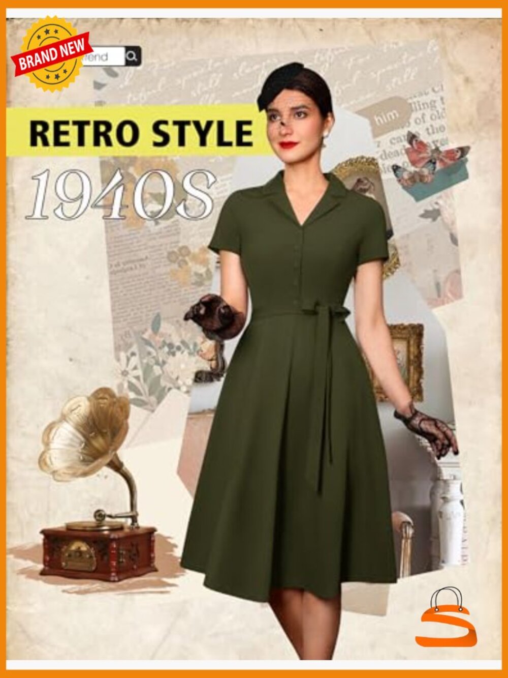 Vintage Tea Dress, Short Sleeve A-Line Cocktail Party Dress, V-Neck Swing Dress - Picture 2 of 7